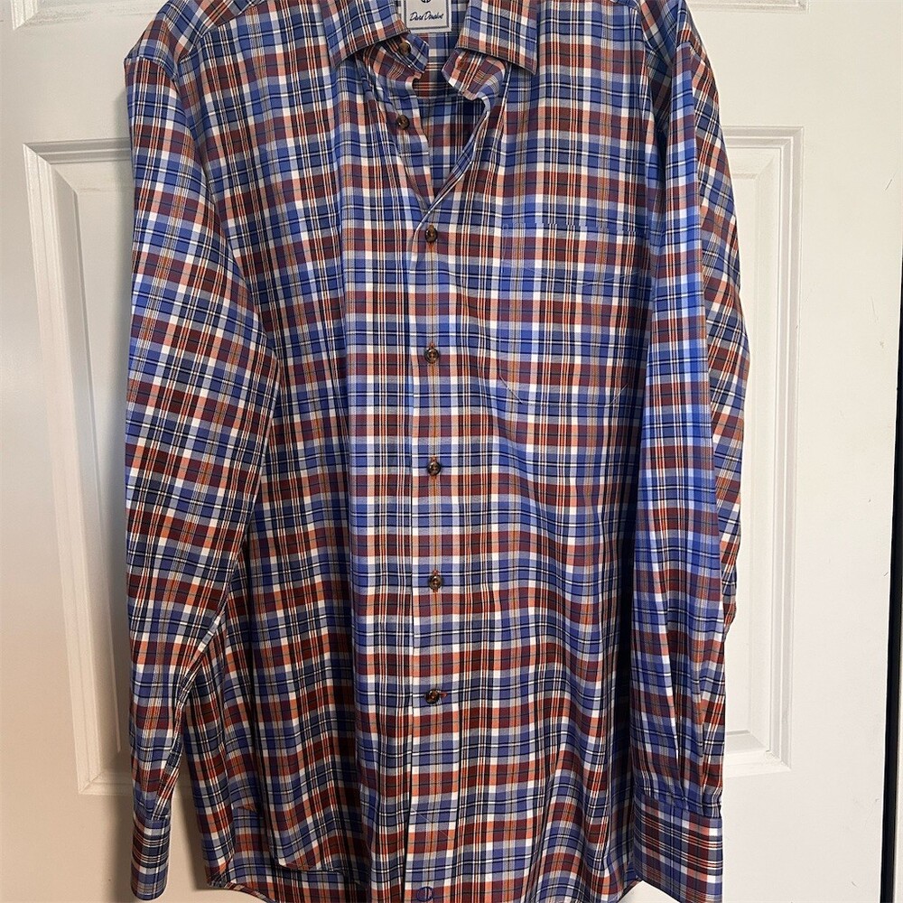 David Donahue Dress Shirt Men's XL Blue Orange White Plaid Long Sleeve